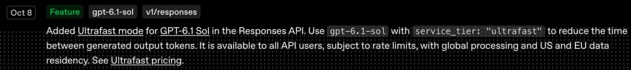 OpenAI API 新增 GPT-6.1 Sol 的 Ultrafast 模式